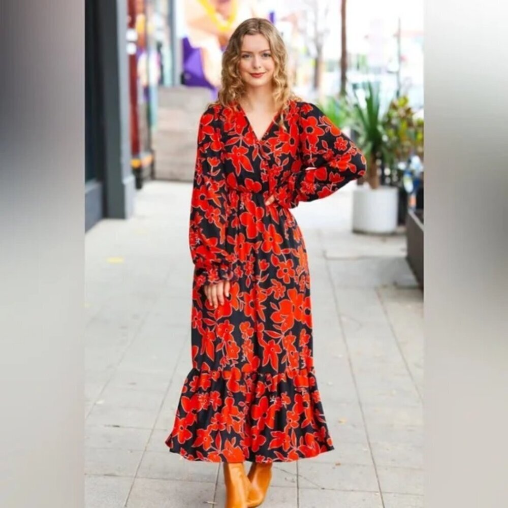 Haptics It's A Match Black &  Red Floral Long Sleeve Maxi Dress (Size 3X) - Picture 11 of 11